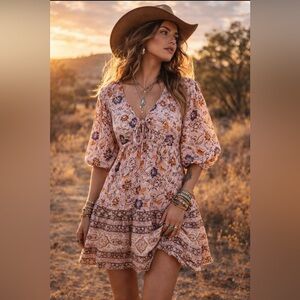 BOG Collective Pink Floral Bohemian Mini Ruffle Dress Size S